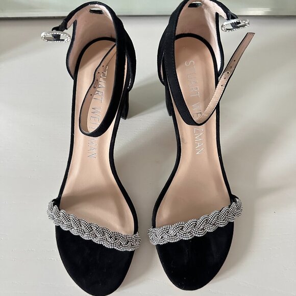 NWOB Stuart Weitzman Nearlynude Highshine Sandal Black Crystal Size 8.5 - Picture 1 of 4